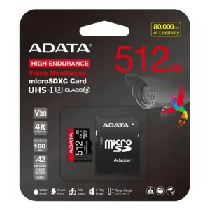 MEMORIA MICRO SDXC 512GB ADATA HIGH ENDURANCE CLASE 10 100 MB/S 80 MB/S PARA VIGILANCIA AUSDX512GUI3V30SHA2-RA1